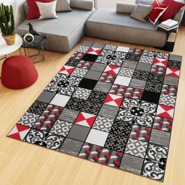 Tapiso Maya Vloerkleed Grijs Rood Laagpolig Tapijten Maat- 130x190 Zwart Lichtgrijs Rood