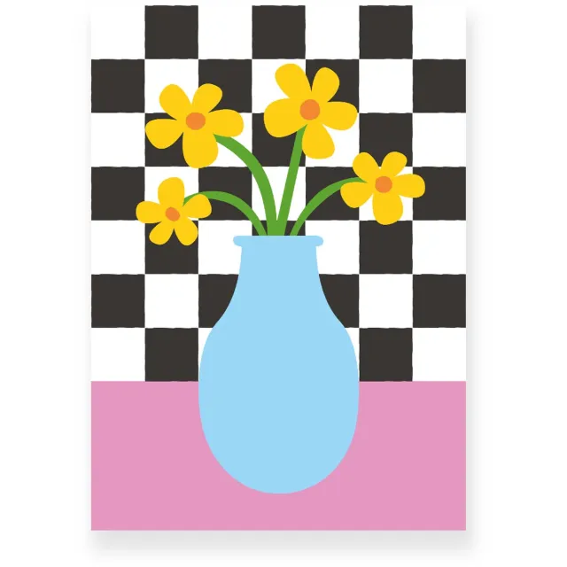 Yisual Aluminium plaat 20x30 cm - Poster - Vaas met Bloemen - Geblokte Tegels - Roze - Blauw - Vintage - Eclectisch - Muurdecoratie - Wanddecoratie