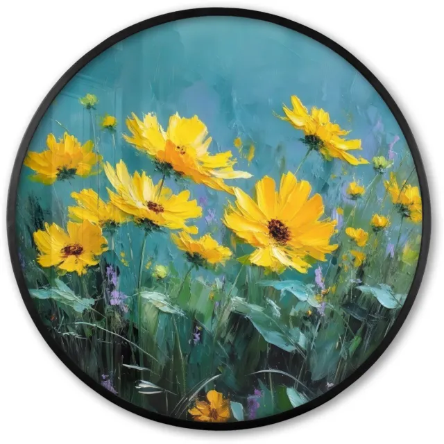 FrameYourWall Poster in lijst Rond - Fotolijst 60x60 cm - Posters - Penseelstreken - Bloemen - Felgeel - Abstract - Ronde posterlijst zwart - Decoratie - Wanddecoratie woonkamer - Muurdecoratie slaapkamer