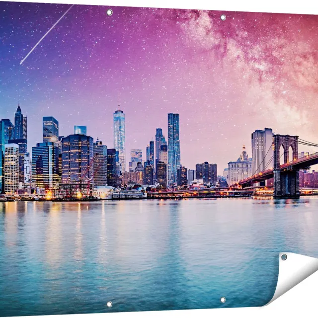 Gards Tuinposter New York Skyline met een Kleurrijke Hemel - 120x90 cm - Tuindoek - Tuindecoratie - Wanddecoratie buiten - Tuinschilderij Multikleur