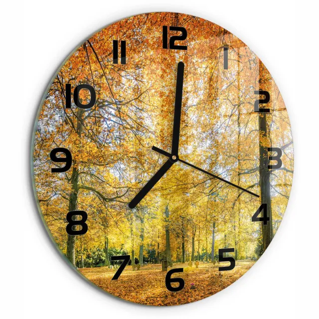 TULUP Wandklok - Herfstbos Klok Glas Met Opdruk - fi30 cm - Oranje Moderne Wandklok Glas - Zwarte handen - Ronde Klok - Decoratieve Glazen Klok - Glazen Wandklok Design