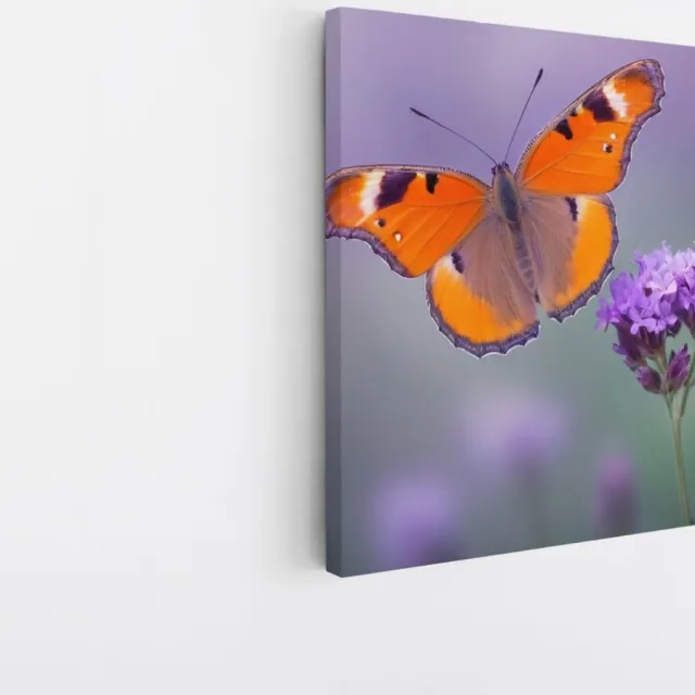 Saammp Canvas Schilderij -Vlinder bij paarse bloem - Dieren - Abstract - 60x60 - Foto op canvas - Wanddecoratie - muurdecoratie Woonkamer - Slaapkamer decoratie - Canvas Print Multicolor