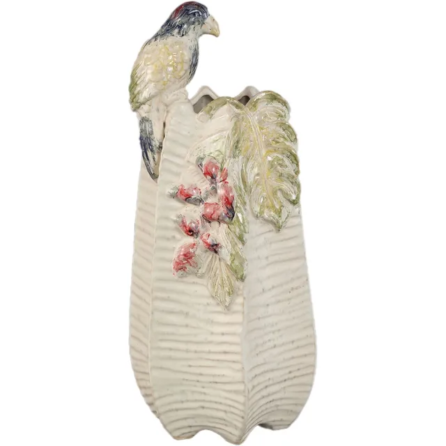 PTMD Rialey Cream Ceramic Round Vase With Parrot Naturel