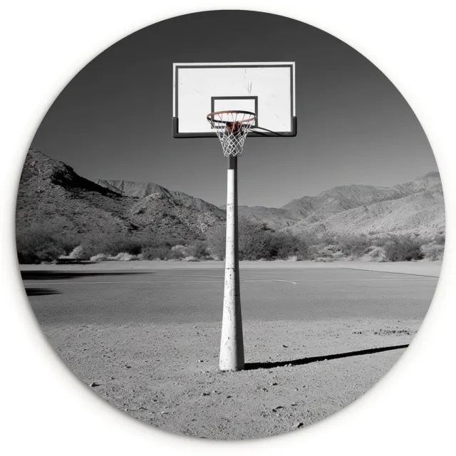WallCircle Wandcirkel 60x60 cm - Muurcirkel Basketbalpaal - Landschap - Zand - Wit - Muurdecoratie woonkamer - Wanddecoratie slaapkamer - Kamer decoratie accessoires - Ronde schilderijen