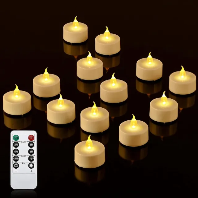 Famanu Theelichtjes met timer, afstandsbediening, vlamloze ledkaarsen, flikkerende theelichtjes op batterijen, voor thuis, kamer, tafel, Halloween, kerstdecoratie, 12 stuks wit