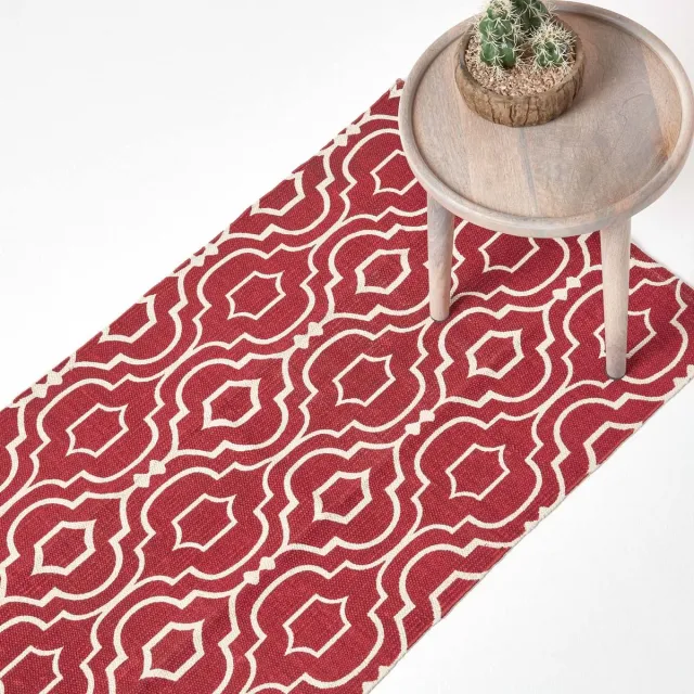 Homescapes Riga bedrukt katoenen vloerkleed met rood en wit patroon, 66 x 200 cm Rood, Wit