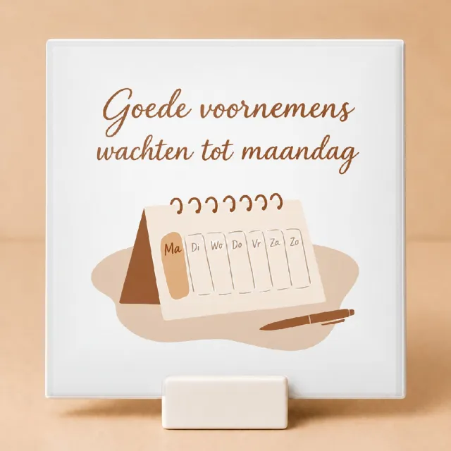 Bedruk King Sfeervolle Boho Tegel 'Nieuw jaar, zelfde chaos' – Organische Wanddecoratie voor Liefhebbers van Humor en Ontspanning - 11 x 11 cm met houder Wit