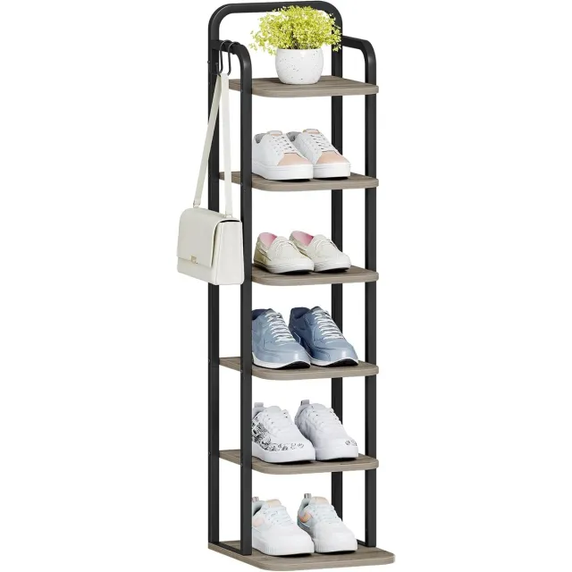 HILINSIE Verticaal Schoenenrek, Schoenenrek, Schoentoren Voor Kleine Kamers, Vrijstaand, Verstelbaar, Ruimtebesparend, 6 Niveaus, Licht Ivoor En Zwart, Schoenentoren voor kleine ruimtes, licht ivoor en zwart, vrijstaand, verstelbaar Helder ivoor en zwart