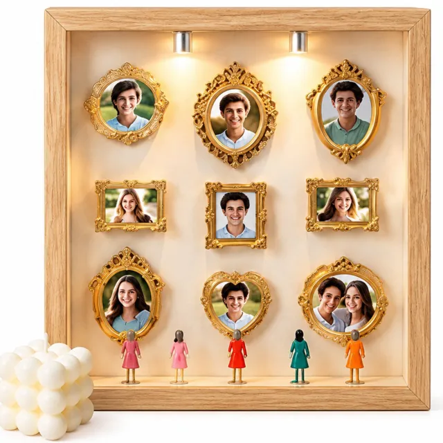 SWGOTA Zwarte vierkante MDF-displaylijst - binnenmaat 20,3 x 20,3 x 3 cm - met 8 miniatuurlijstjes en 8 willekeurige figuurtjes - tafeldecoratie