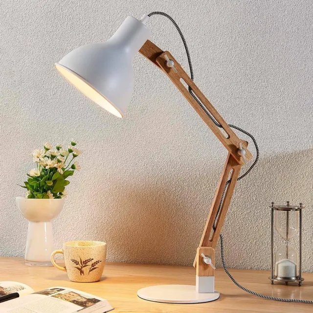 Lindby bureaulamp - 1licht - metaal, essenhout - H: 46 cm - E27 - wit, essenhout