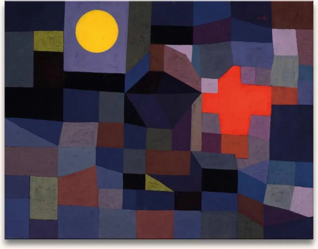 Grootmeesters ® Handgeschilderd schilderij Olieverf op Canvas - Paul Klee - Fire at Full Moon rood, zwart, grijs, blauw, groen, geel