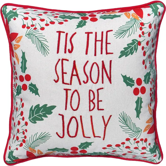 Urbane Hide Kerstkussen - Kerst Kussenhoes Digitaal Bedrukt en Geborduurd met Tis the Season to Be Jolly - Vierkante Kussenhoesjes - Kerstkussens met Hulst en Dennenaccenten - 45x45 cm - Katoen - Wit/Rood - Zonder Binnenkussen Type E