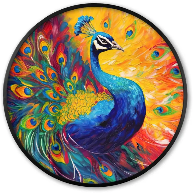 FrameYourWall Poster in lijst Rond - Fotolijst 60x60 cm - Posters - Pauw - Kunst - Schilderij - Pauwenveren - Ronde posterlijst zwart - Decoratie - Wanddecoratie woonkamer - Muurdecoratie slaapkamer Pauw - Verf