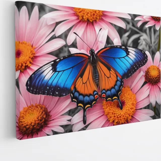 Saammp Canvas Schilderij -Vlinder bij roze bloem - Dieren - Natuur - 120x80 - Foto op canvas - Wanddecoratie - muurdecoratie Woonkamer - Slaapkamer decoratie - Canvas Print Multicolor