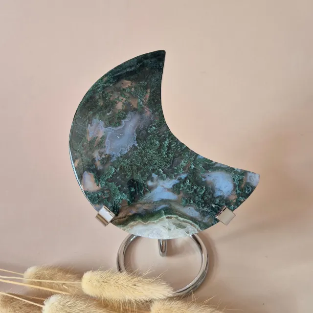 Moonlight Gemstones XL Edelsteen Mosagaat Maan op Standaard (Druzy & Patronen) #167 - 210g