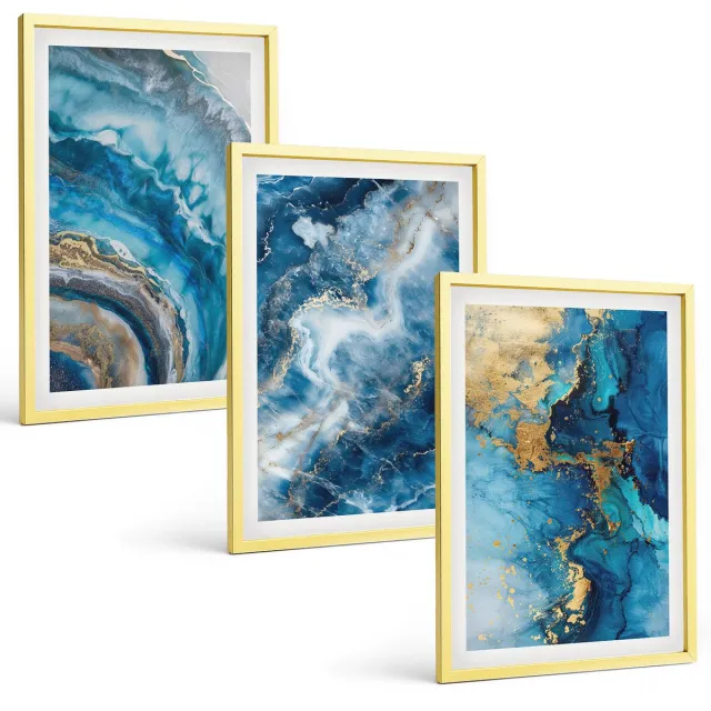 TULUP 4-Delige Schilderij Set - Blauwe abstracte patronen - 40 x 60 cm - Wanddecoratie - Muurdecoratie - Moderne Interieurdecoratie - Moderne Wanddecoratie Gouden lijst