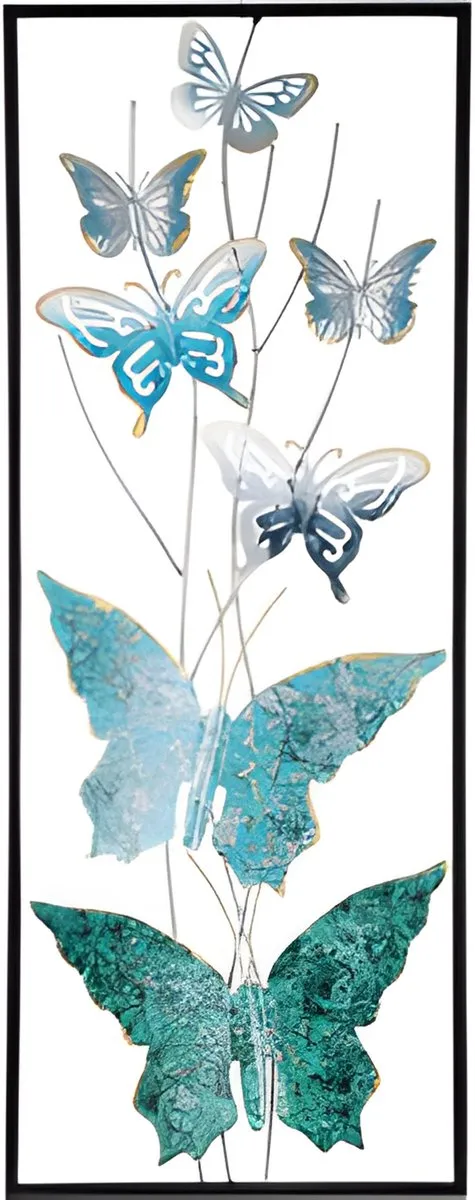 Pro Garden Wanddecoratie vlinder - blauw - 75 x 30 cm - metalen frame met vlinders