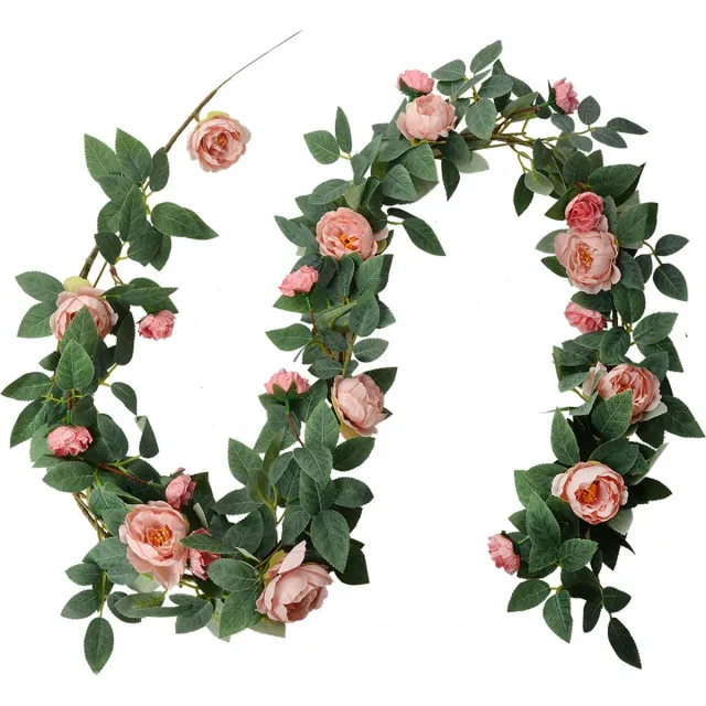 Clayre & Eef Kunstbloem Guirlande 150 cm Roze Groen Kunststof Rozen
