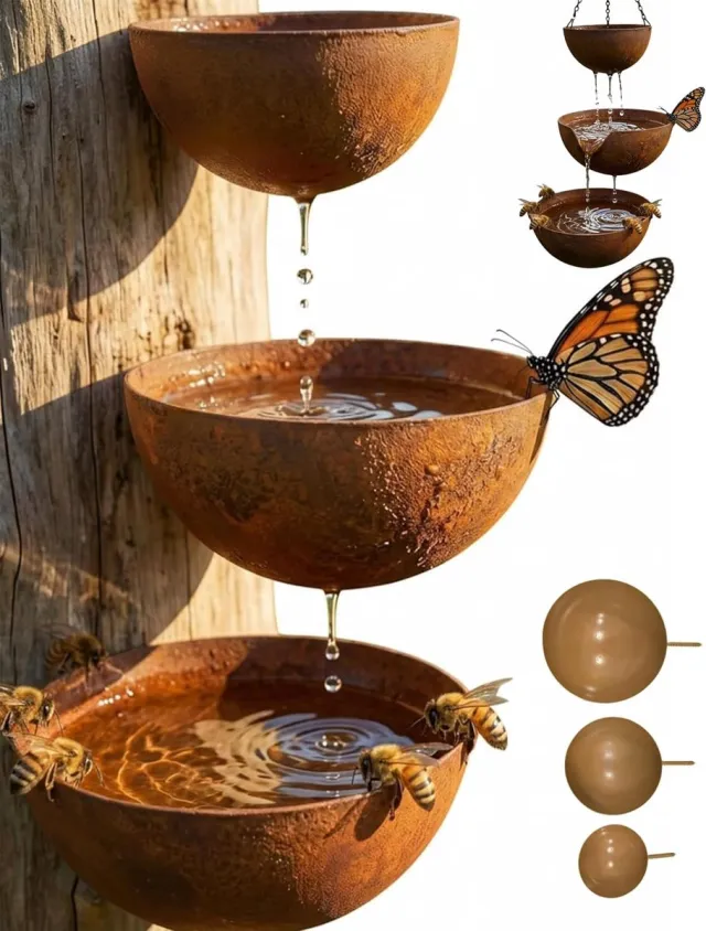 KZQ Retro Drielaags Hangend Insectenwaterbakje Van Smeedijzer – Watervalstijl Buitendecoratie En Drinkplaats Voor Bijen, Vlinders En Mussen Zoals in de figuur wordt getoond