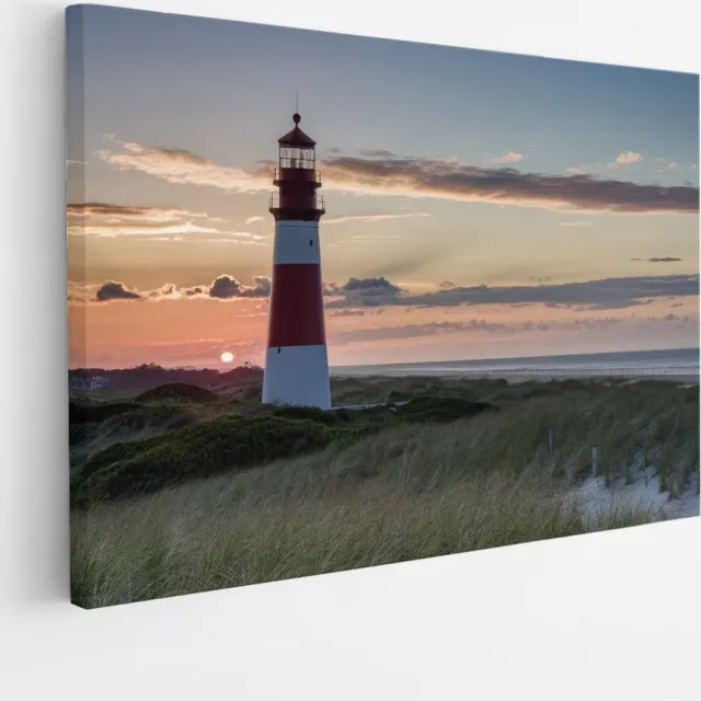 Saammp Canvas Schilderij - Strand - Zee - Vuurtoren - 100x75 - Foto op canvas - Wanddecoratie - muurdecoratie Woonkamer - Slaapkamer decoratie - Canvas Print Multicolor