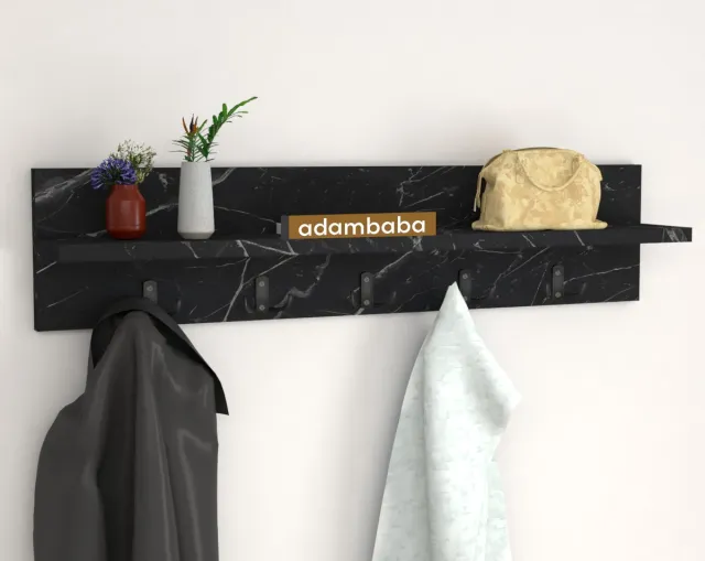 adambaba Wandkapstok - Wandplank - Zwart Marmer - 80 cm Zwart en Marmer