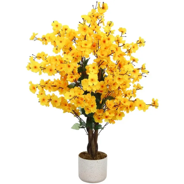 Gudalio Kunstplant - Nepplant - Kunstboom - Pruimenbloesem - Bloesem - Realistisch - Decoratie - Incl. pot - 90 cm - Groen - Geel