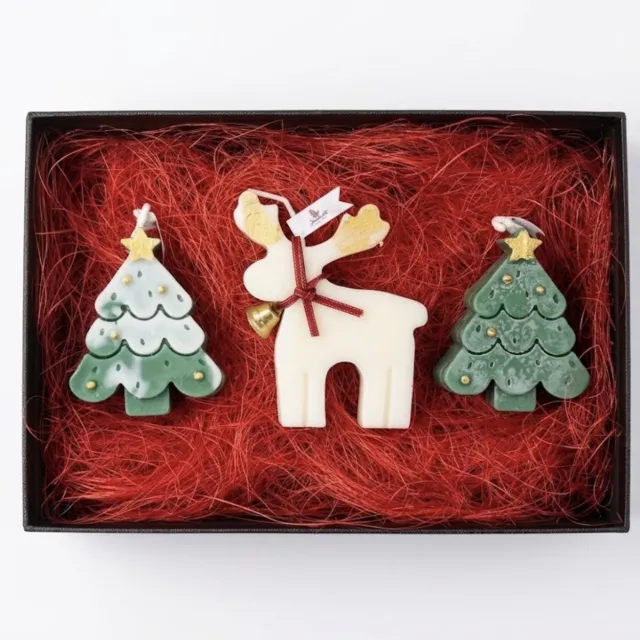 Sham's Art Kerstcadeau - Aromatische Geurkaarsen Set - 3 Stuks Kerst Kaarsen - Luxe Cadeauverpakking - Kerstboom & Rendier Sfeerkaarsen Wit,Groen