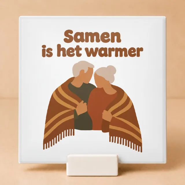 Bedruk King Retro warme Tegel "Samen is het warmer" – Jaren 70 stijl decoratie voor gezelligheid en winterse sfeer in huis - 15 x 15 cm met houder Wit