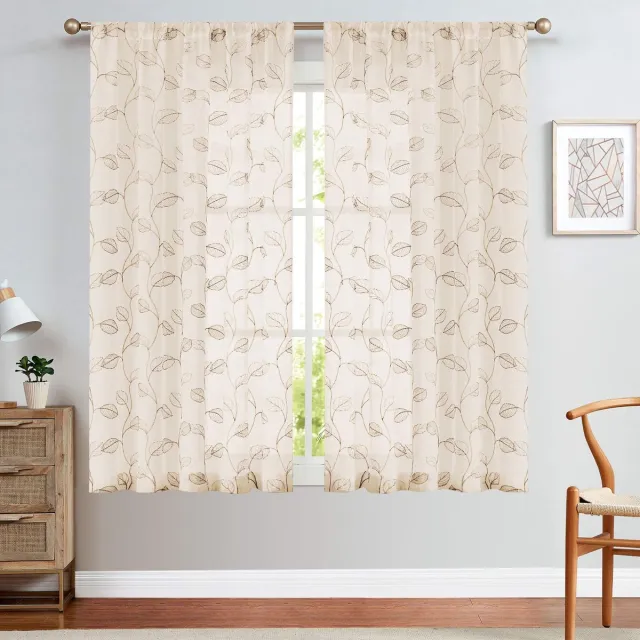 Unyqoos Transparante Gordijnen Set met Bladeren Borduurwerk voor Woon- en Slaapkamer, Elegant en Lichtdoorlatend beige