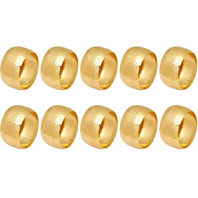 NUVEX Goudkleurige servetringen set van 10 – brede metalen servethouder ringen met gehamerde structuur – ronde servet ringen met reliëf – tafeldecoratie voor diner bruiloft feest restaurant hotel en eettafel