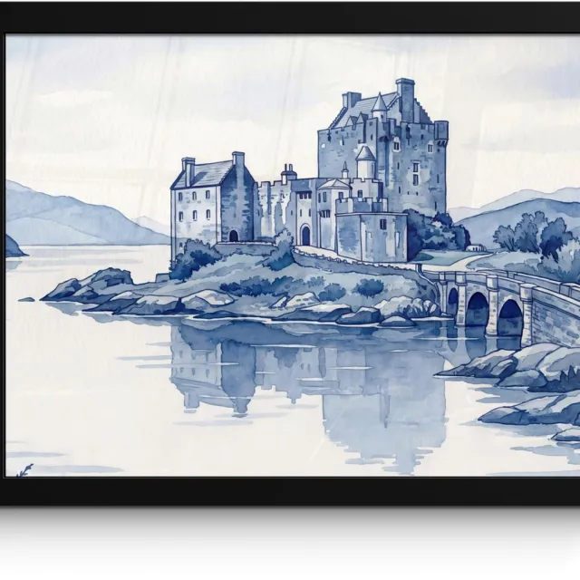 FrameYourWall Poster in lijst - Fotolijst 40x30 cm - Posters - Schots - Kasteel - Blauw - Aquarel - Posterlijst zwart - Decoratie - Wanddecoratie woonkamer - Muurdecoratie slaapkamer