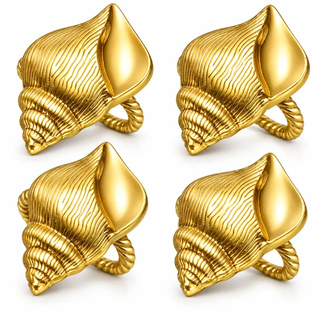 NUVEX Goudkleurige servetringen set van 4 – metalen servethouder ringen met schelp ontwerp – decoratieve servet ringen met oceaan thema en reliëf – tafeldecoratie voor diner feest bruiloft restaurant Goudkleurige - 4 stuks Conch