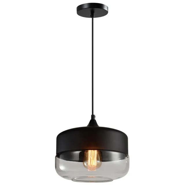 QUVIO Hanglamp retro - Brede kap van metaal en glas - Diameter 25 cm Zwart