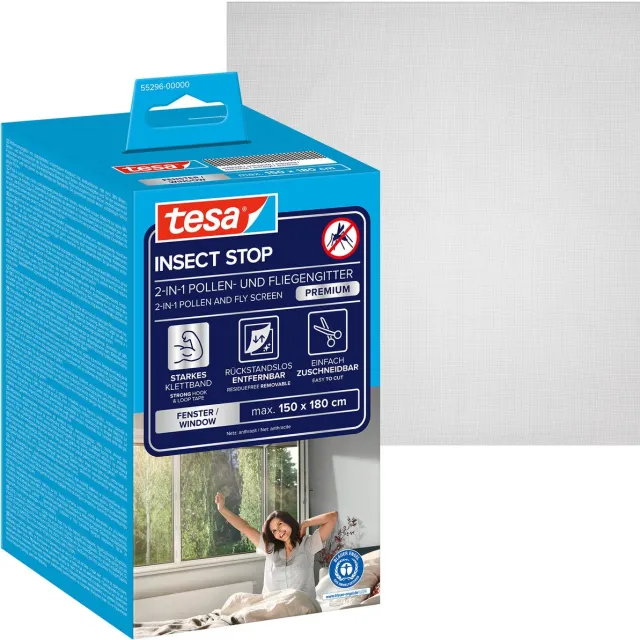 Tesa INSECT STOP 2-in-1 Pollen and Fly Screen Premium - op, transparante pollenbescherming, zelfklevende klittenband, antraciet - 150 x 180 cm zwart