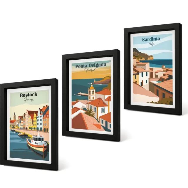 Coloray 4-Delige Schilderij Set - Uitzichten op Europese kust- en havensteden - 20 x 30 cm - Wanddecoratie - Schilderijen Set - Interieur - Decoratieve Schilderijen Zwarte lijst