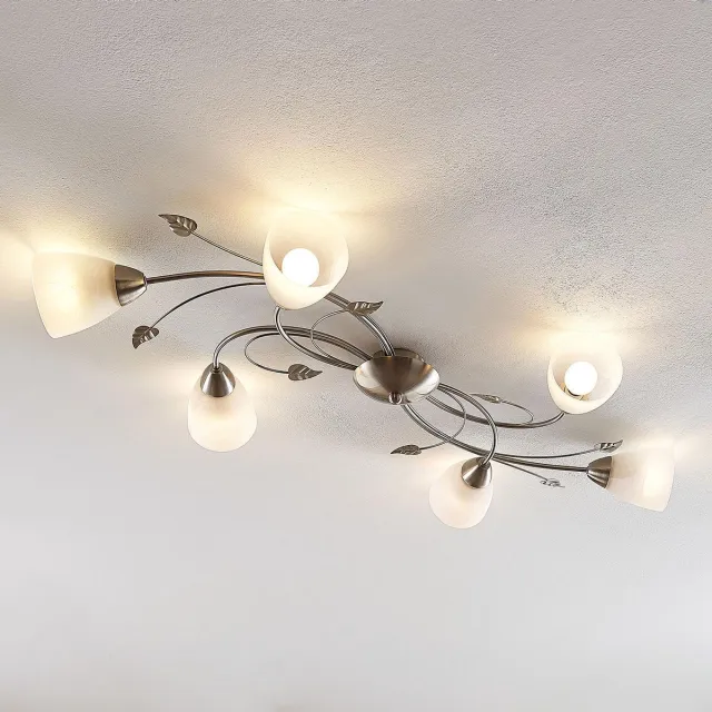 Lindby plafondlamp - 6lichts - Metaal, glas - H: 13 cm - E14 - nikkel, wit
