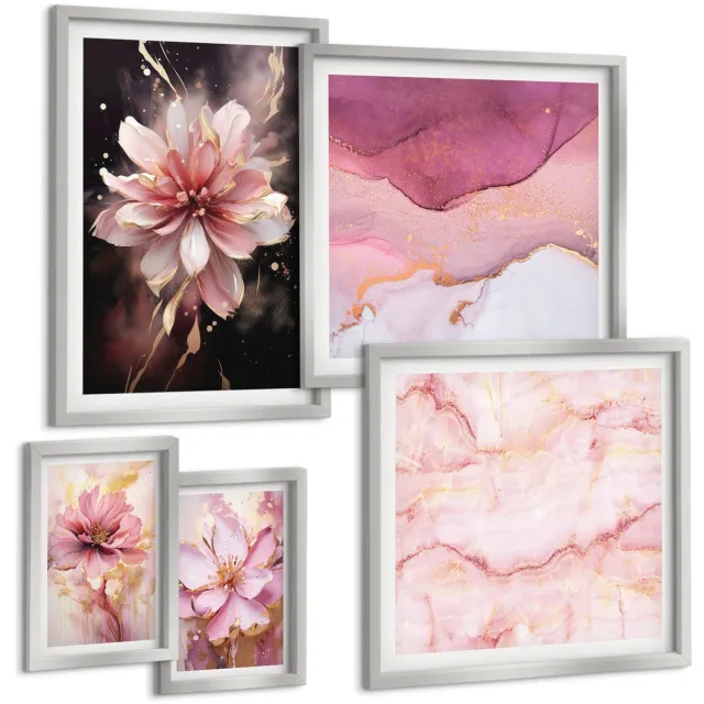 TULUP 4-Delige Schilderij Set - Bloemencomposities in delicate roze tinten - 50 x 50 cm, 20 x 30 cm en 40 x 60 cm - Muurdecoratie - Wanddecoratie - Slaapkamer - Decoratieve Schilderijen Zilveren lijst