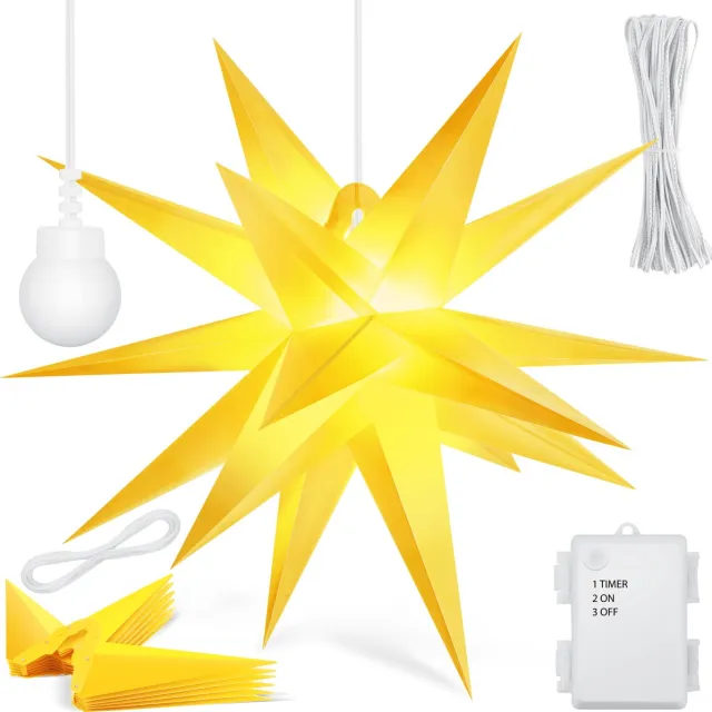 Kesser Kerstster met Verlichting 3D - LED Kerst Ster Hangend met Timer voor Binnen en Buiten, Kerstverlichting Adventsster - Geel