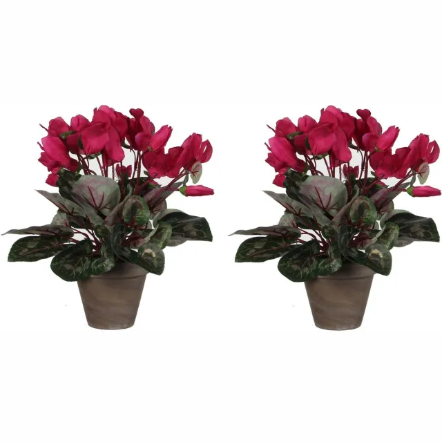 Mica Decorations Cyclaam kunstplant donker roze in keramieken pot H30 x D30 cm - 2x - Kunstplanten/nepplanten met bloemen