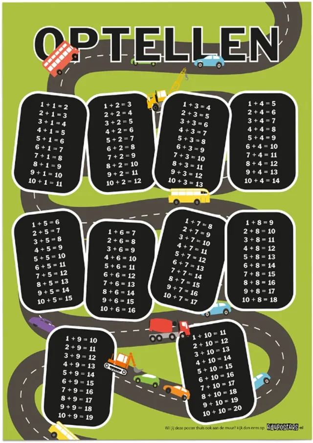 eduposters Educatieve poster (Posterpapier) - Rekenen optellen bouwverkeer - 42 x 59.4 cm (A2) Beige