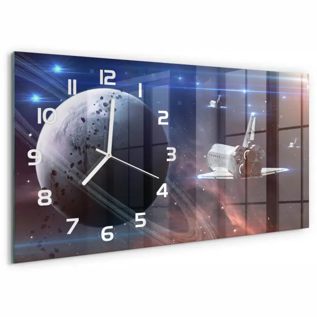 TULUP Wandklok - Ruimteschip Wandklok Glas Met Motief - 60x30 cm - Oranje Decoratieve Glazen Klok - Witte handen - Rechthoekige Klok - Gekleurde Glazen Klok - Glazen Klok Met Print