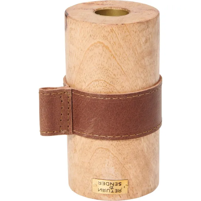 Return to Sender Kandelaar 12 cm mangohout met leer 2-zijdig te gebruiken - kaarsenhouder en waxinelichthouder Bruin