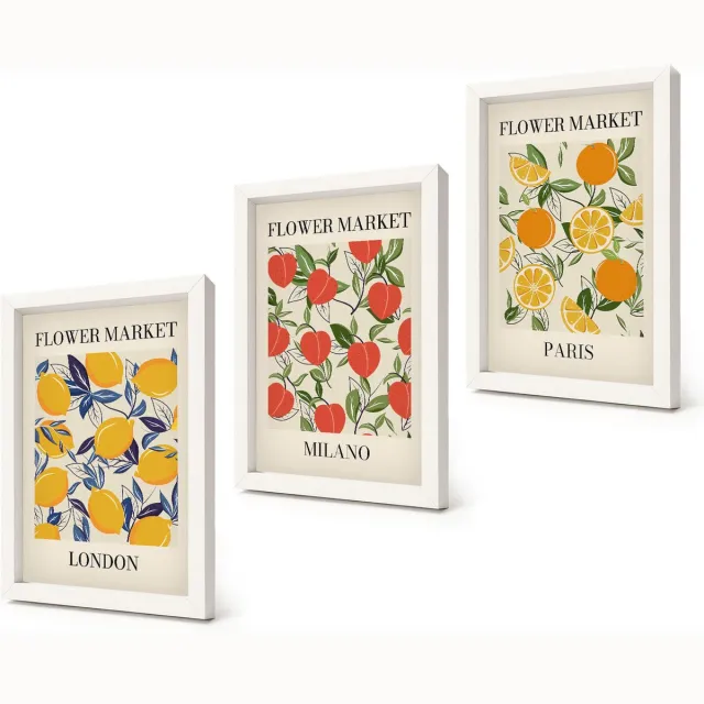Coloray 3-Delige Schilderij Set - Bloemenposters in Londen, Milaan en Parijs - 20x30 - Stijlvolle Muurdecoratie - Slaapkamer Witte lijst