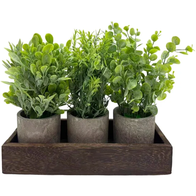 Triumpunpre Kunstplanten Set Eucalyptus & Rozemarijn - 3 Potplanten met Houten Dienblad en Pulp Potten - Tafelstuk Nepgroen Centerpiece - Onderhoudsvrij Woondecoratie voor Eettafel, Salontafel & Kantoor - Groen