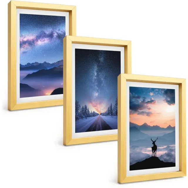 TULUP 4-Delige Schilderij Set - Nachtelijke hemel, berglandschappen in de mist en herten - 20 x 30 cm - Wanddecoratie - Woonkamer Decoratie Gouden lijst