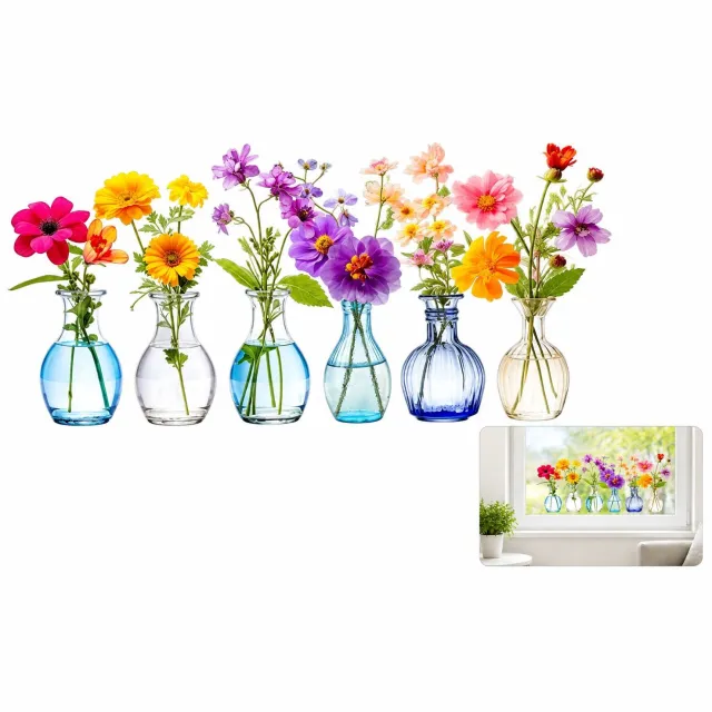 VHV Raamstickers - bloemen raamdecoratie 30 x 60 cm - herbruikbare statische raamfolie - voor woonkamer en voorjaarsdecoratie Multi