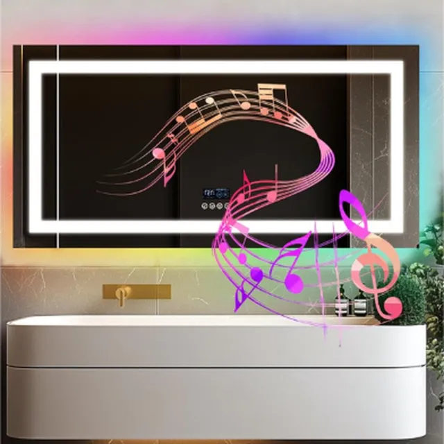 BOG RGB Badkamerspiegel LED Bluetooth Digitaal - 120 x 60 cm Grote LED-Spiegel Badkamer Bluetooth Muziek Met Datum Tijd Achtergrondverlichting + Voorlicht - Rechthoekig - Smart Touch - Anti-Condens ZILVER