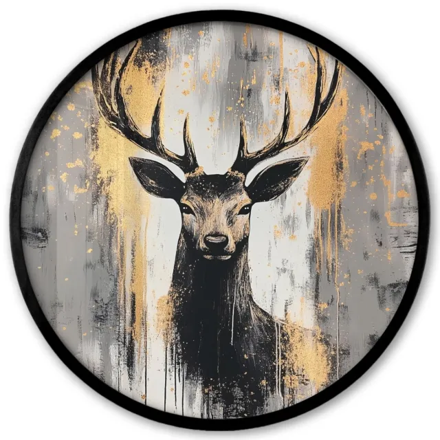 FrameYourWall Poster in lijst Rond - Fotolijst 40x40 cm - Posters - Abstract - Hert - Gewei - Goud - Ronde posterlijst zwart - Decoratie - Wanddecoratie woonkamer - Muurdecoratie slaapkamer