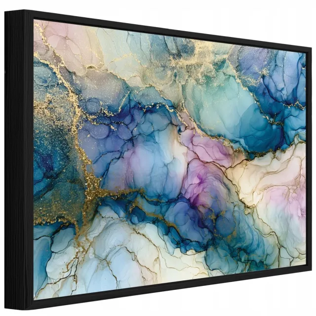 WALLARENA Schilderij op canvas met zwarte lijst - 120x80 cm - gouden marmerabstractie in glamourstijl - voor slaapkamer en woonkamer Blauw