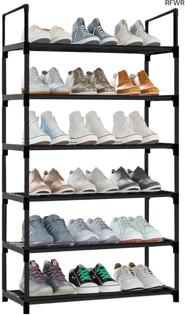 RFWR Schoenenrek met 6 niveaus, zwart, metalen organizer voor 12-18 paar schoenen, 28 x 43 x 112 cm